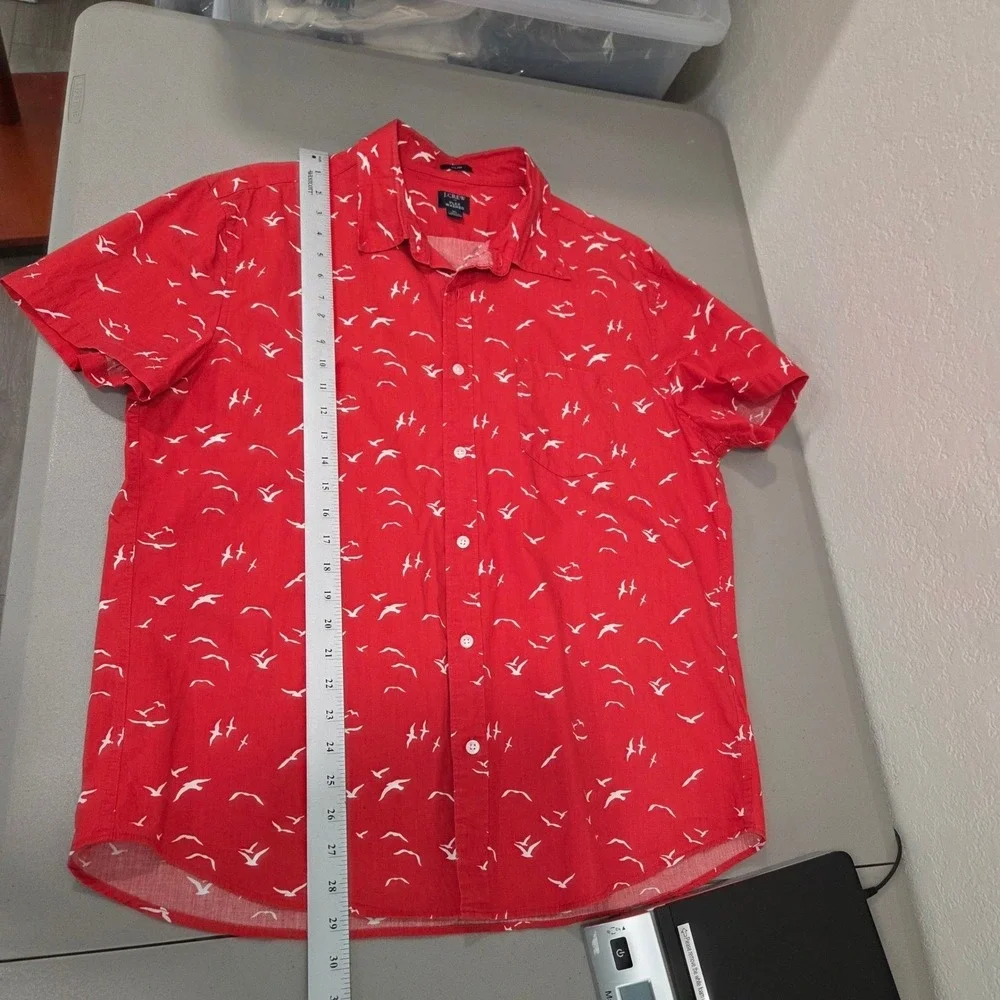 J.Crew‎ Mens Red Cotton Button Down Shirt XL Bird Print Slim Fit Casual Preppy